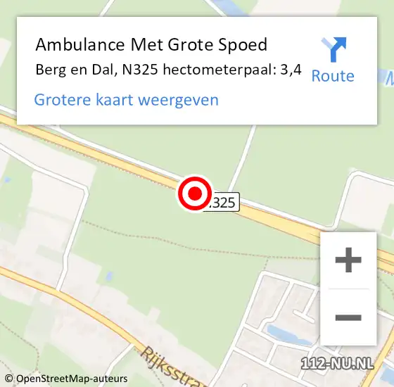 Locatie op kaart van de 112 melding: Ambulance Met Grote Spoed Naar Berg en Dal, N325 hectometerpaal: 3,4 op 17 juni 2022 16:56