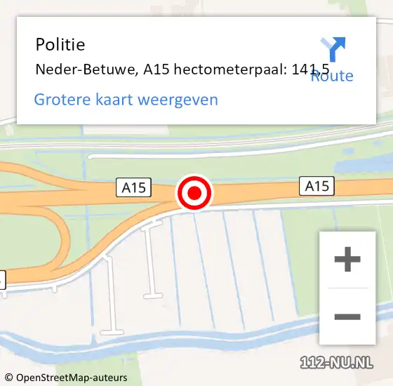 Locatie op kaart van de 112 melding: Politie Neder-Betuwe, A15 hectometerpaal: 141,5 op 17 juni 2022 17:02