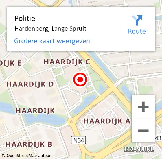 Locatie op kaart van de 112 melding: Politie Hardenberg, Lange Spruit op 17 juni 2022 17:15