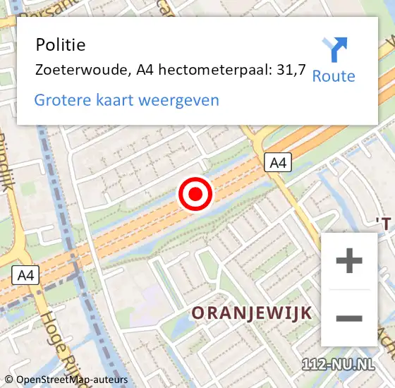 Locatie op kaart van de 112 melding: Politie Zoeterwoude, A4 hectometerpaal: 31,7 op 17 juni 2022 17:44