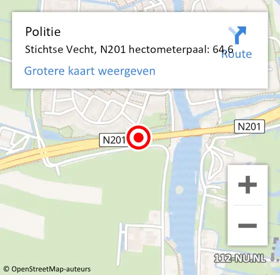 Locatie op kaart van de 112 melding: Politie Stichtse Vecht, N201 hectometerpaal: 64,6 op 17 juni 2022 18:01