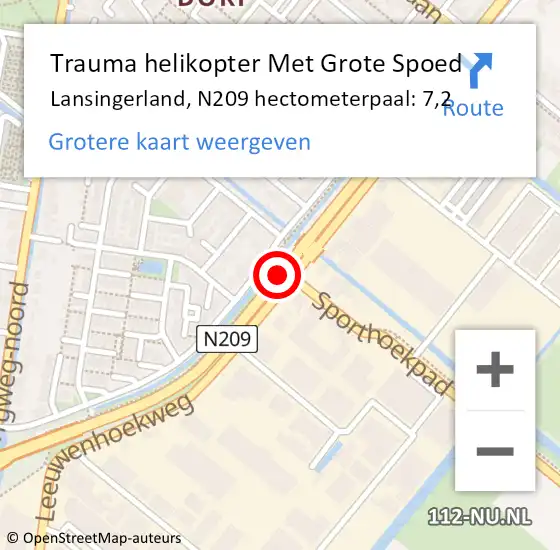 Locatie op kaart van de 112 melding: Trauma helikopter Met Grote Spoed Naar Lansingerland, N209 hectometerpaal: 7,2 op 17 juni 2022 19:42