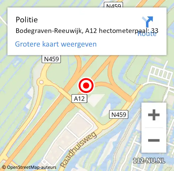 Locatie op kaart van de 112 melding: Politie Bodegraven-Reeuwijk, A12 hectometerpaal: 33 op 17 juni 2022 20:58