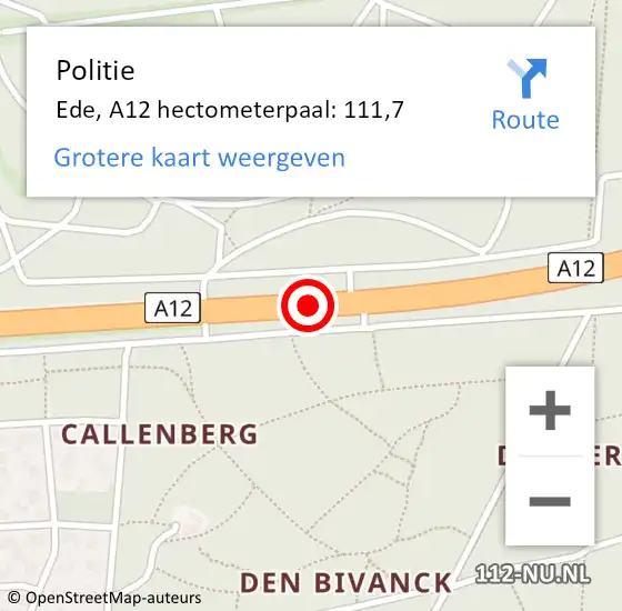 Locatie op kaart van de 112 melding: Politie Ede, A12 hectometerpaal: 111,7 op 17 juni 2022 21:28