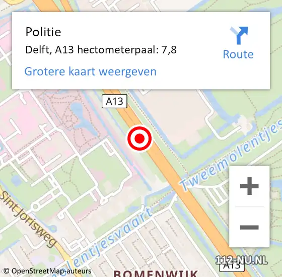 Locatie op kaart van de 112 melding: Politie Rijswijk, A13 hectometerpaal: 7,8 op 17 juni 2022 22:12