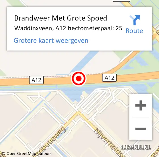 Locatie op kaart van de 112 melding: Brandweer Met Grote Spoed Naar Waddinxveen, A12 hectometerpaal: 25 op 17 juni 2022 22:36