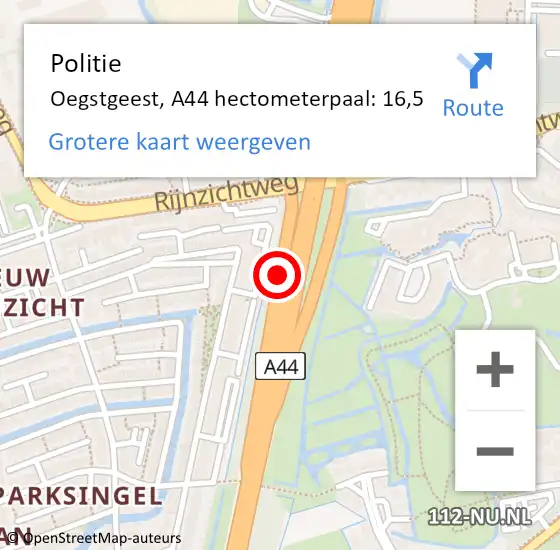 Locatie op kaart van de 112 melding: Politie Oegstgeest, A44 hectometerpaal: 16,5 op 17 juni 2022 23:44