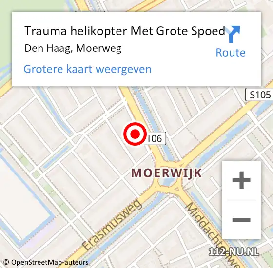 Locatie op kaart van de 112 melding: Trauma helikopter Met Grote Spoed Naar Den Haag, Moerweg op 18 juni 2022 01:57