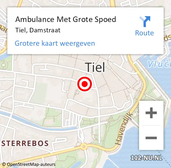 Locatie op kaart van de 112 melding: Ambulance Met Grote Spoed Naar Tiel, Damstraat op 18 juni 2022 04:18