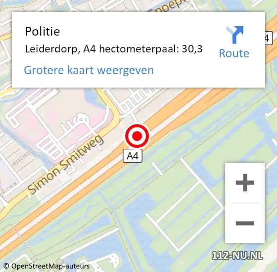 Locatie op kaart van de 112 melding: Politie Leiderdorp, A4 hectometerpaal: 30,3 op 18 juni 2022 09:44