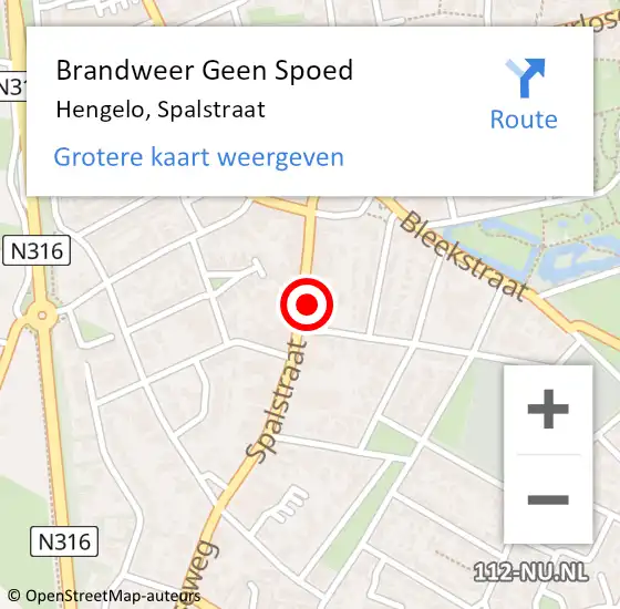 Locatie op kaart van de 112 melding: Brandweer Geen Spoed Naar Hengelo, Spalstraat op 18 juni 2022 12:16