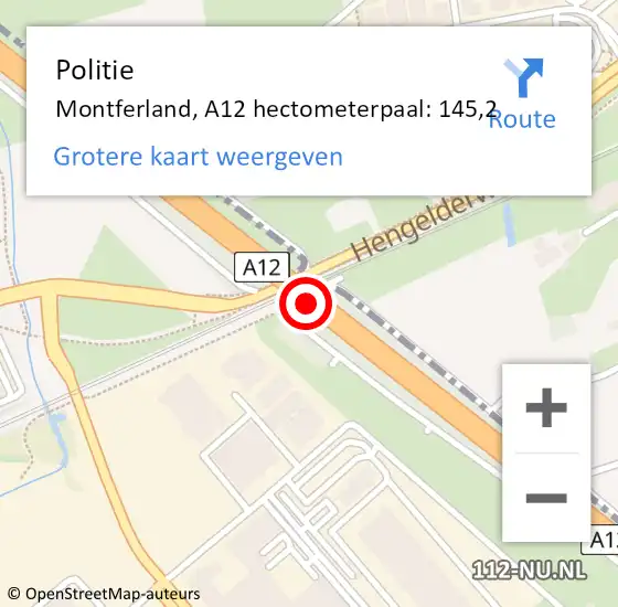 Locatie op kaart van de 112 melding: Politie Montferland, A12 hectometerpaal: 145,2 op 18 juni 2022 12:40