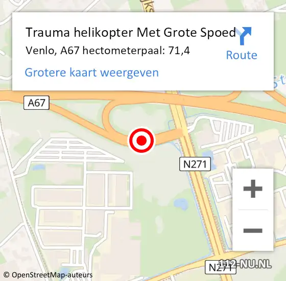 Locatie op kaart van de 112 melding: Trauma helikopter Met Grote Spoed Naar Venlo, A67 hectometerpaal: 71,4 op 18 juni 2022 12:46