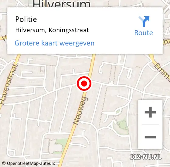 Locatie op kaart van de 112 melding: Politie Hilversum, Koningsstraat op 18 juni 2022 14:36