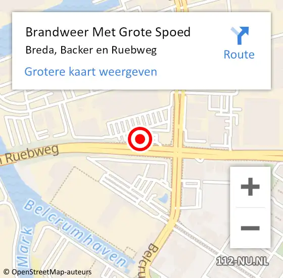 Locatie op kaart van de 112 melding: Brandweer Met Grote Spoed Naar Breda, Backer en Ruebweg op 18 juni 2022 17:01