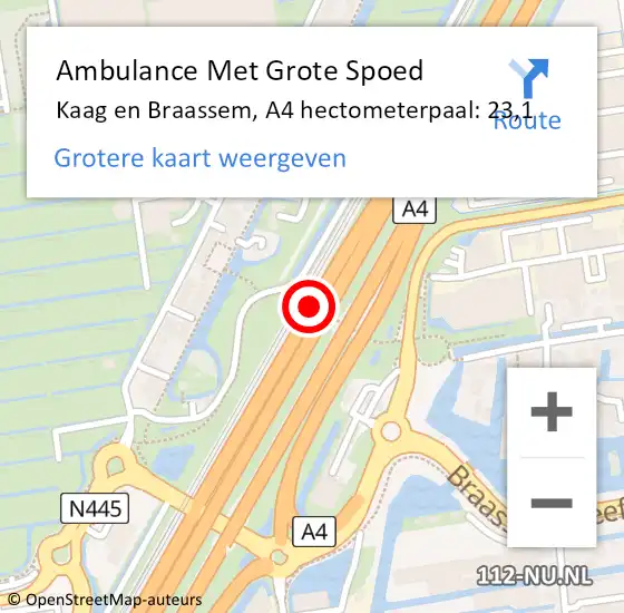 Locatie op kaart van de 112 melding: Ambulance Met Grote Spoed Naar Kaag en Braassem, A4 hectometerpaal: 23,1 op 18 juni 2022 17:48