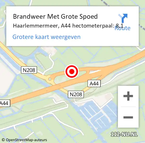 Locatie op kaart van de 112 melding: Brandweer Met Grote Spoed Naar Haarlemmermeer, A44 hectometerpaal: 8,1 op 18 juni 2022 18:29