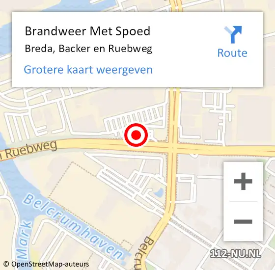 Locatie op kaart van de 112 melding: Brandweer Met Spoed Naar Breda, Backer en Ruebweg op 18 juni 2022 18:47