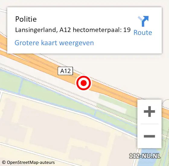 Locatie op kaart van de 112 melding: Politie Lansingerland, A12 hectometerpaal: 19 op 18 juni 2022 20:29