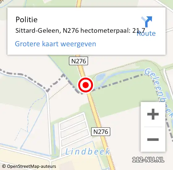 Locatie op kaart van de 112 melding: Politie Sittard-Geleen, N276 hectometerpaal: 21,7 op 18 juni 2022 21:55