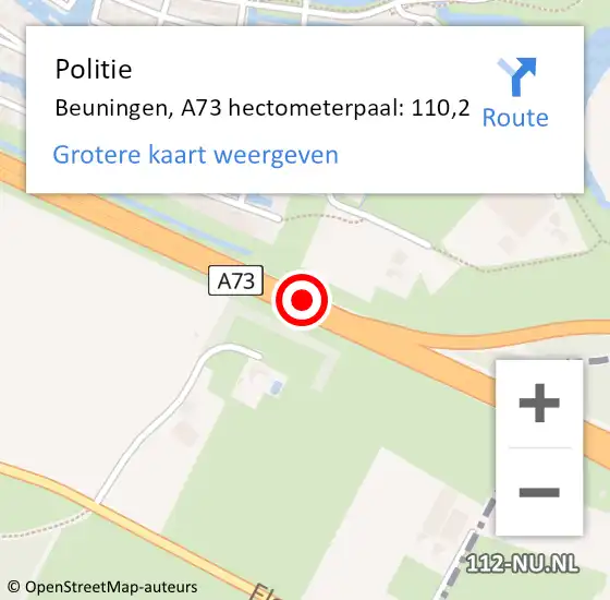 Locatie op kaart van de 112 melding: Politie Beuningen, A73 hectometerpaal: 110,2 op 18 juni 2022 23:08