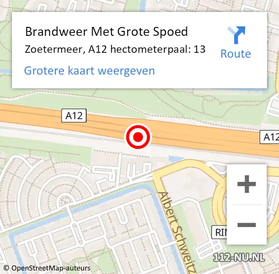 Locatie op kaart van de 112 melding: Brandweer Met Grote Spoed Naar Zoetermeer, A12 hectometerpaal: 13 op 19 juni 2022 01:13