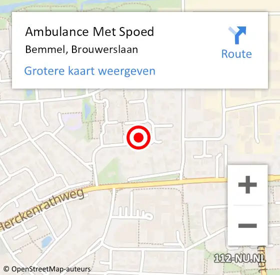 Locatie op kaart van de 112 melding: Ambulance Met Spoed Naar Bemmel, Brouwerslaan op 19 juni 2022 02:04