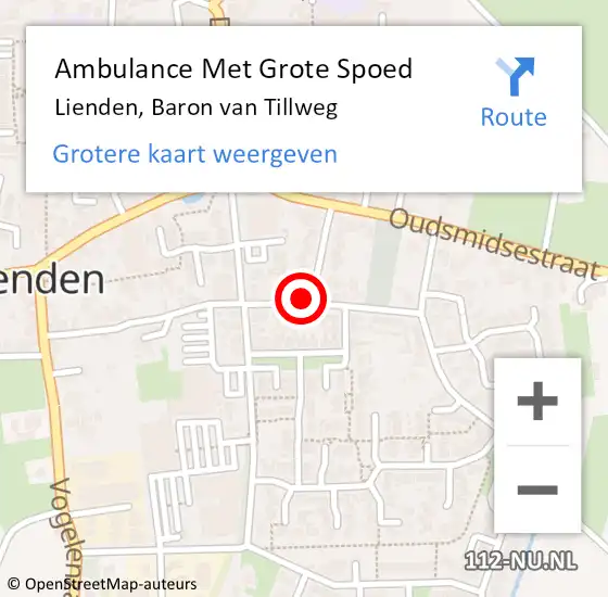 Locatie op kaart van de 112 melding: Ambulance Met Grote Spoed Naar Lienden, Baron van Tillweg op 19 juni 2022 02:19