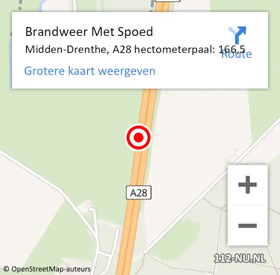 Locatie op kaart van de 112 melding: Brandweer Met Spoed Naar Midden-Drenthe, A28 hectometerpaal: 166,5 op 19 juni 2022 03:04