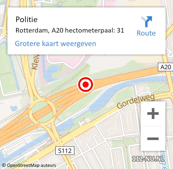 Locatie op kaart van de 112 melding: Politie Rotterdam, A20 hectometerpaal: 31 op 19 juni 2022 03:42