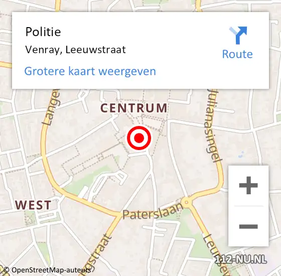 Locatie op kaart van de 112 melding: Politie Venray, Leeuwstraat op 19 juni 2022 04:28