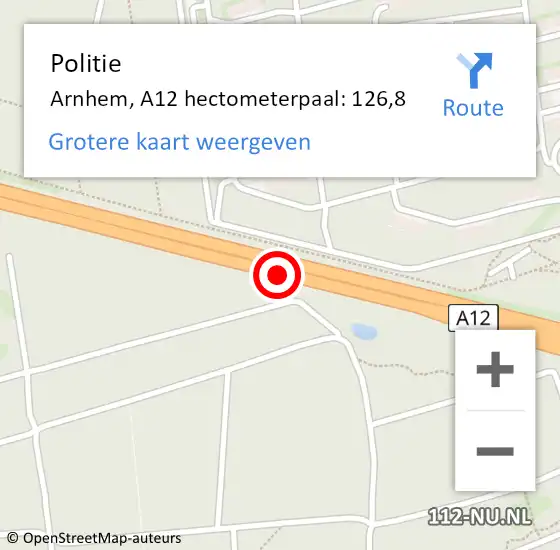 Locatie op kaart van de 112 melding: Politie Arnhem, A12 hectometerpaal: 126,8 op 19 juni 2022 05:42