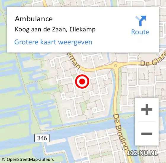 Locatie op kaart van de 112 melding: Ambulance Koog aan de Zaan, Ellekamp op 19 juni 2022 05:58