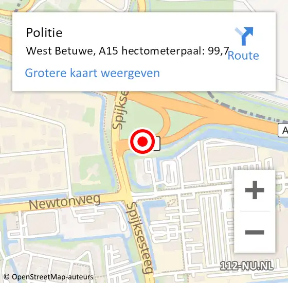 Locatie op kaart van de 112 melding: Politie West Betuwe, A15 hectometerpaal: 99,7 op 19 juni 2022 08:20