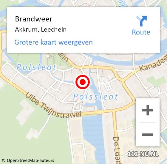 Locatie op kaart van de 112 melding: Brandweer Akkrum, Leechein op 19 juni 2022 09:10