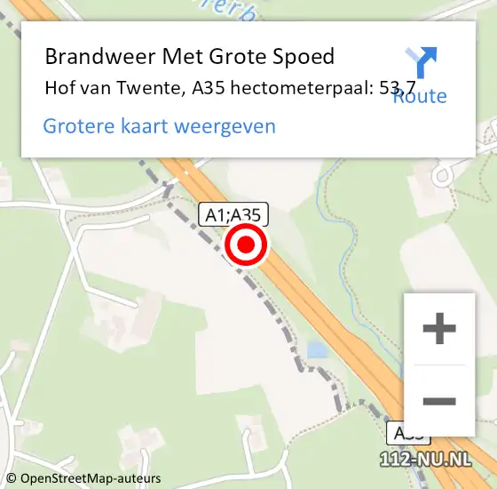 Locatie op kaart van de 112 melding: Brandweer Met Grote Spoed Naar Hof van Twente, A35 hectometerpaal: 53,7 op 19 juni 2022 11:02