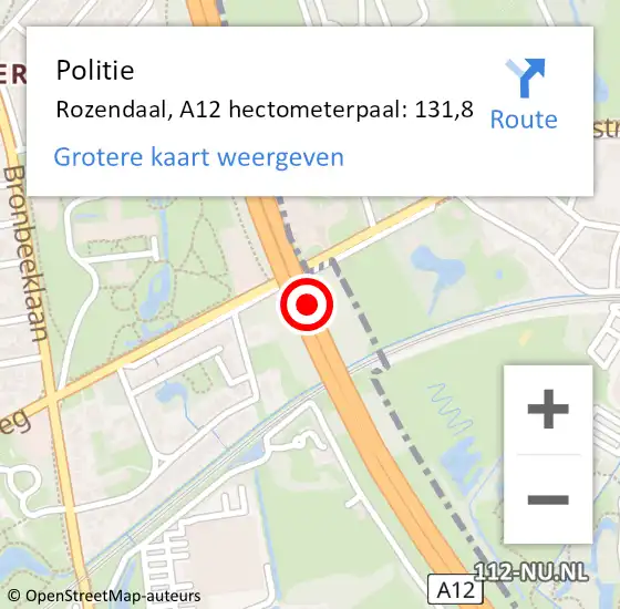 Locatie op kaart van de 112 melding: Politie Rozendaal, A12 hectometerpaal: 131,8 op 19 juni 2022 13:04