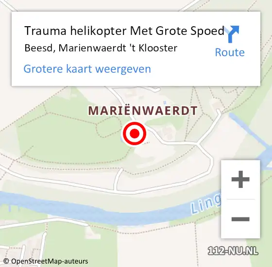 Locatie op kaart van de 112 melding: Trauma helikopter Met Grote Spoed Naar Beesd, Marienwaerdt 't Klooster op 19 juni 2022 14:20