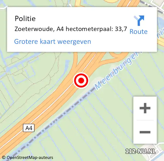 Locatie op kaart van de 112 melding: Politie Zoeterwoude, A4 hectometerpaal: 33,7 op 19 juni 2022 15:05