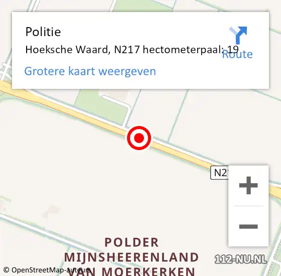 Locatie op kaart van de 112 melding: Politie Hoeksche Waard, N217 hectometerpaal: 19 op 19 juni 2022 15:07
