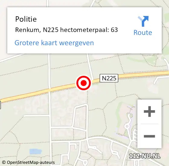 Locatie op kaart van de 112 melding: Politie Renkum, N225 hectometerpaal: 63 op 19 juni 2022 15:35
