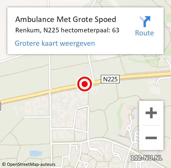 Locatie op kaart van de 112 melding: Ambulance Met Grote Spoed Naar Renkum, N225 hectometerpaal: 63 op 19 juni 2022 15:36