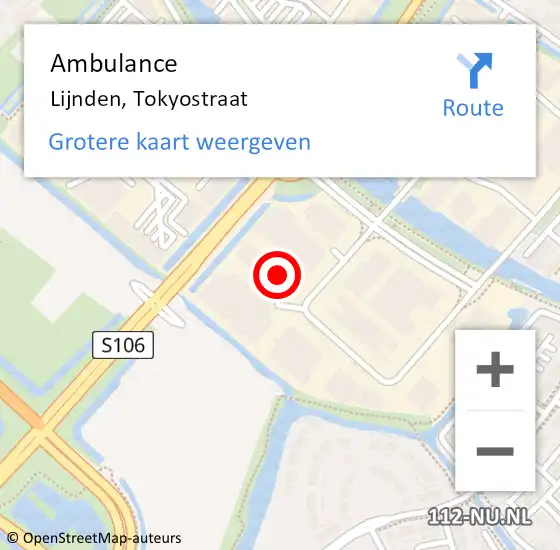 Locatie op kaart van de 112 melding: Ambulance Lijnden, Tokyostraat op 19 juni 2022 17:31