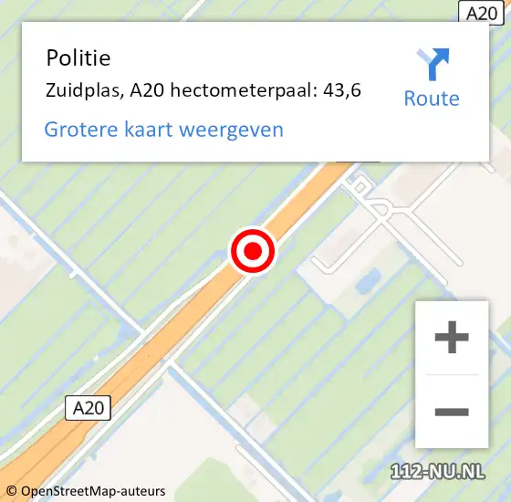 Locatie op kaart van de 112 melding: Politie Zuidplas, A20 hectometerpaal: 43,6 op 19 juni 2022 17:36