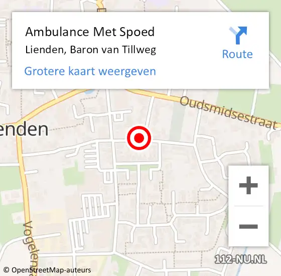 Locatie op kaart van de 112 melding: Ambulance Met Spoed Naar Lienden, Baron van Tillweg op 19 juni 2022 18:04