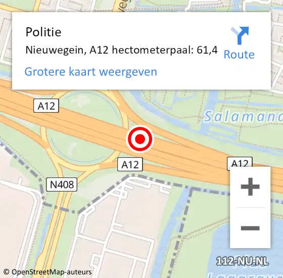 Locatie op kaart van de 112 melding: Politie Nieuwegein, A12 hectometerpaal: 61,4 op 19 juni 2022 18:11