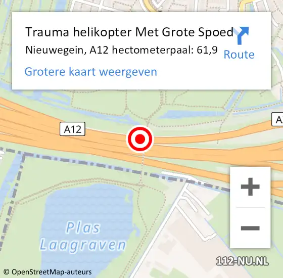 Locatie op kaart van de 112 melding: Trauma helikopter Met Grote Spoed Naar Nieuwegein, A12 hectometerpaal: 61,9 op 19 juni 2022 18:14