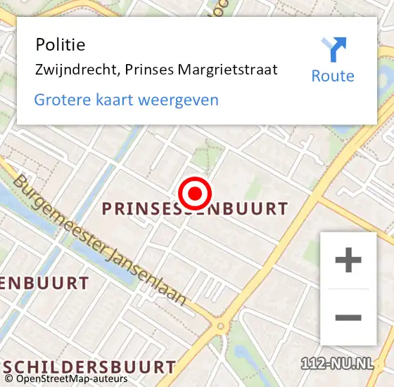 Locatie op kaart van de 112 melding: Politie Zwijndrecht, Prinses Margrietstraat op 19 juni 2022 19:03