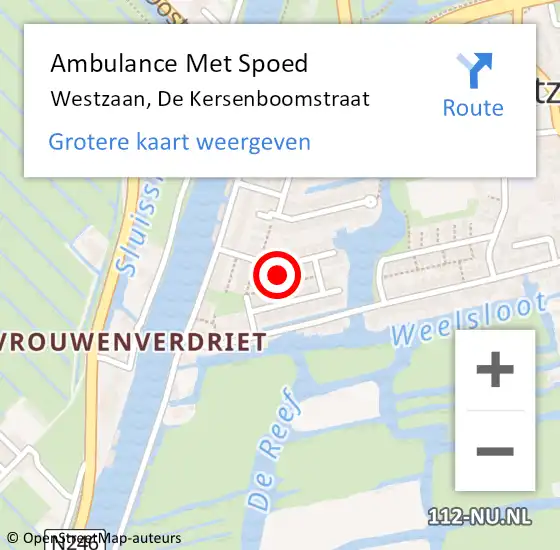 Locatie op kaart van de 112 melding: Ambulance Met Spoed Naar Westzaan, De Kersenboomstraat op 19 juni 2022 19:04