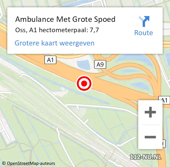 Locatie op kaart van de 112 melding: Ambulance Met Grote Spoed Naar Oss, A1 hectometerpaal: 7,7 op 19 juni 2022 20:51